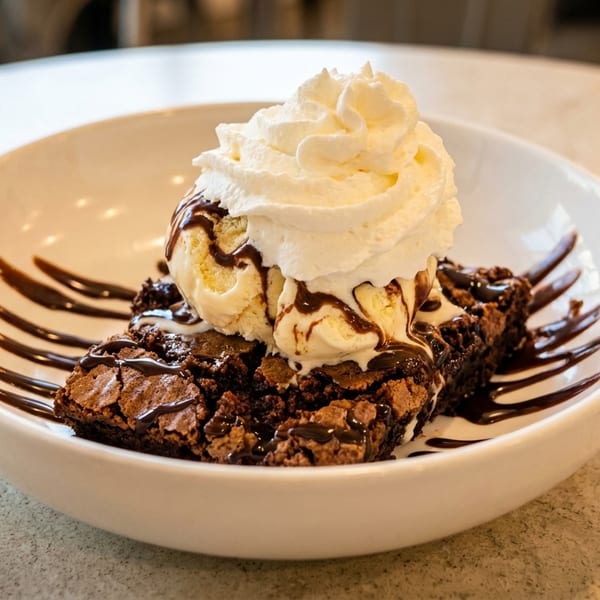 Decadent brownie topped with vanilla ice cream, whipped cream, and chocolate syrup in a white bowl.