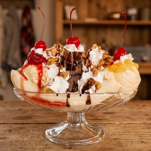 Decadent banana split with vanilla, chocolate ice cream, whipped cream, cherries, walnuts, and fruit sauces.
