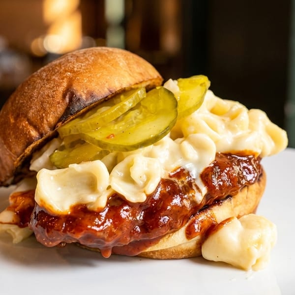 Toasted bun sandwich filled with BBQ meat, creamy mac and cheese, and sliced pickles.