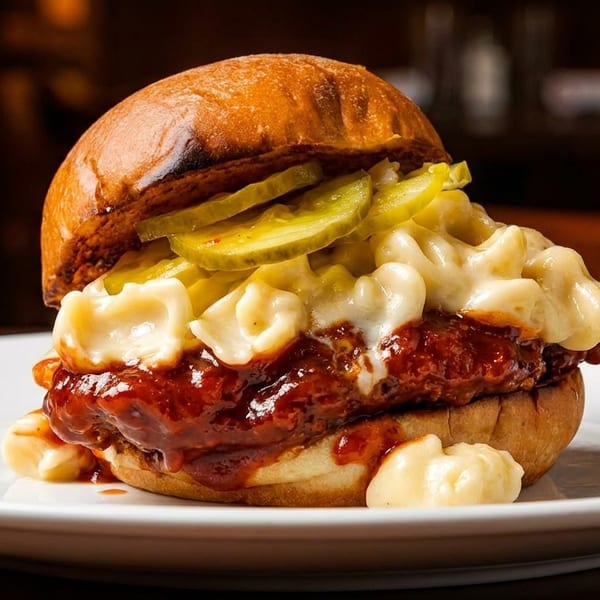 Close-up of a chicken sandwich with mac and cheese, pickles, and red sauce on a brioche bun.