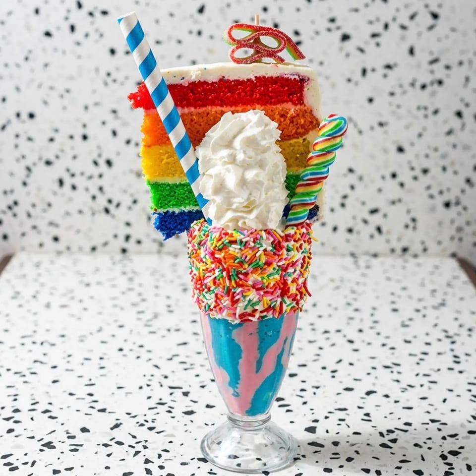 Colorful milkshake topped with whipped cream, rainbow sprinkles, rainbow candy, striped straw, and layered rainbow cake.