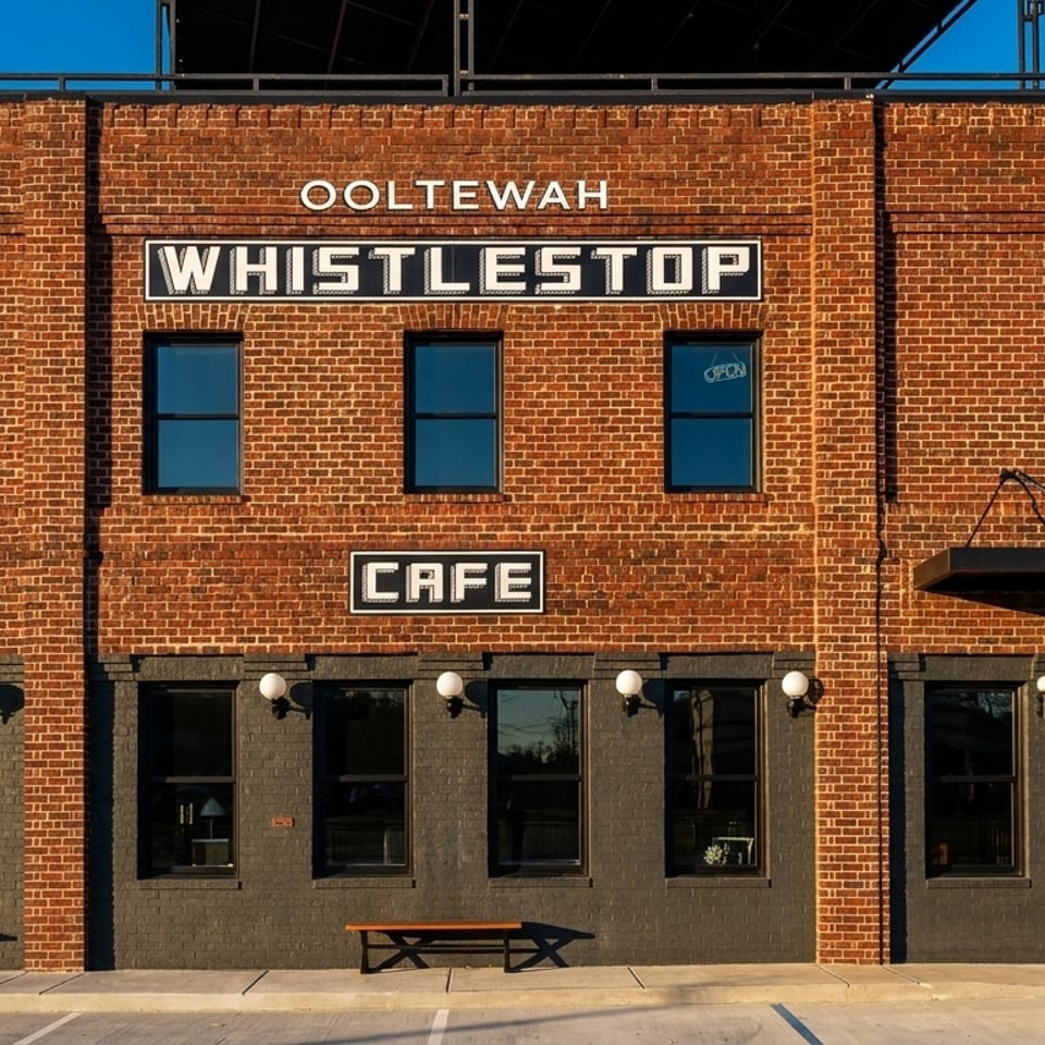 Brick building with 'Ooltewah Whistlestop Cafe' signs, dark windows, and a wooden entrance door.