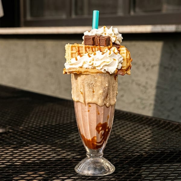 Caramel chocolate milkshake with whipped cream, waffles, chocolate, and a blue straw on an outdoor table.
